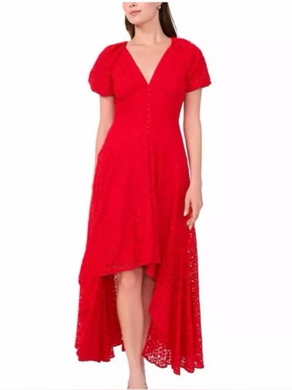 Parker V Neck Lace Tiered Dress in Red